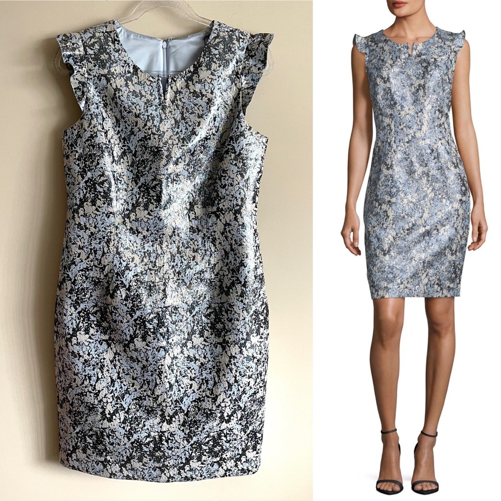 ELIE TAHARI Stefana Shimmery Jacquard Sheath Dress Blue Silver NEW